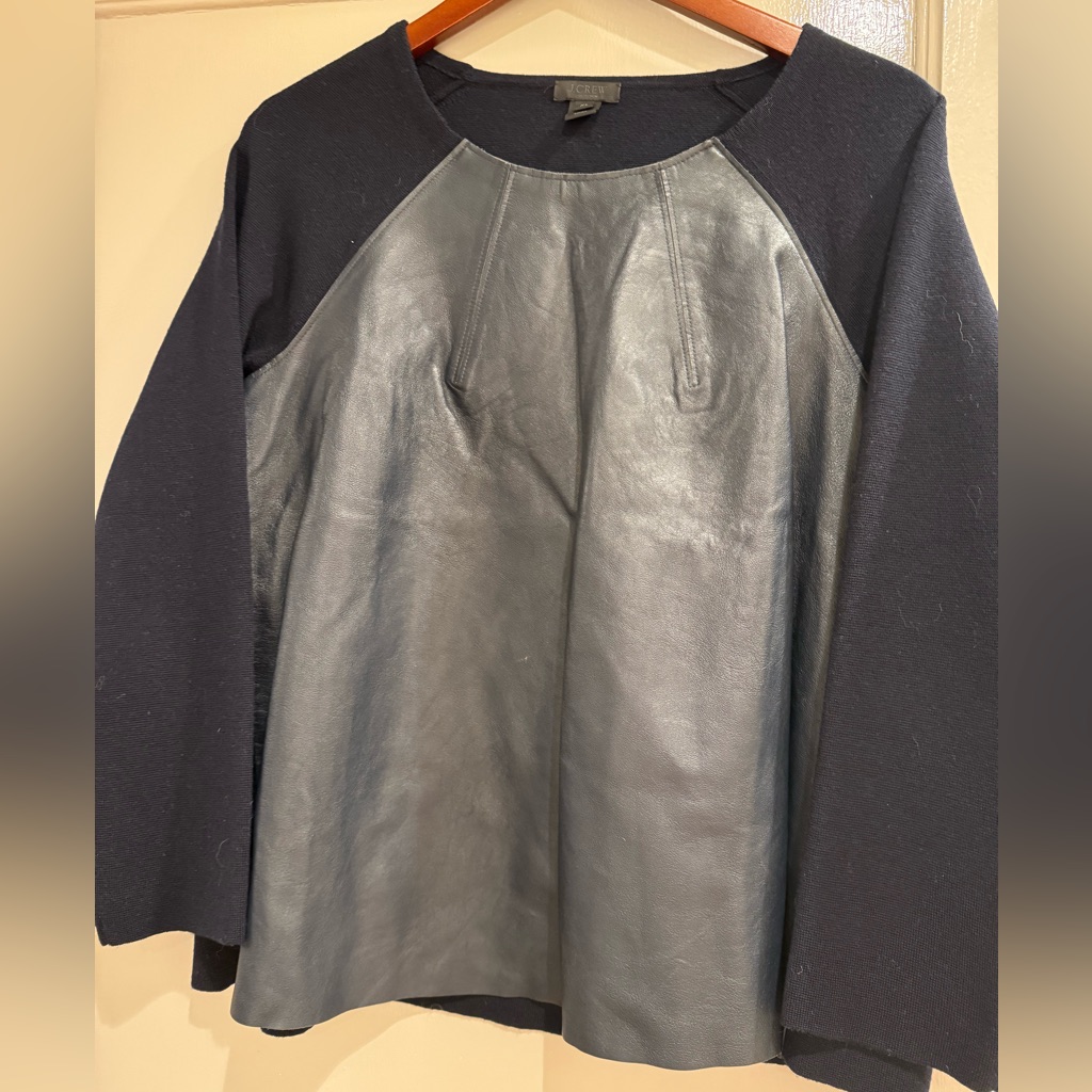 J Crew Collection Navy Leather Front Merino Wool Swing Sweater Size Xl Euc!